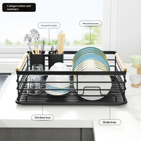 Dish Rack - Single Tier Metal Wire with Draining Tray Cutlery Holder and Wood Handle Bar Black Kitchen & Dining Dish Racks
