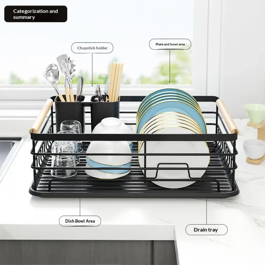 Dish Rack - Single Tier Metal Wire with Draining Tray Cutlery Holder and Wood Handle Bar Black Kitchen & Dining Dish Racks