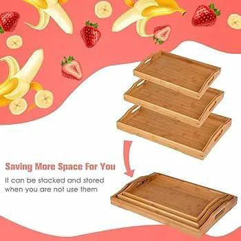 3pcs High Quality Multifunctional Bamboo Serving Trays with Long Handles – Elegant Kitchen and Dining Set house holds Serving Trays