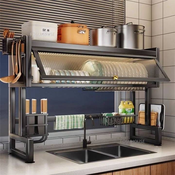 Over the Sink Stainless Steel Dish Rack with Dust Proof Cupboard