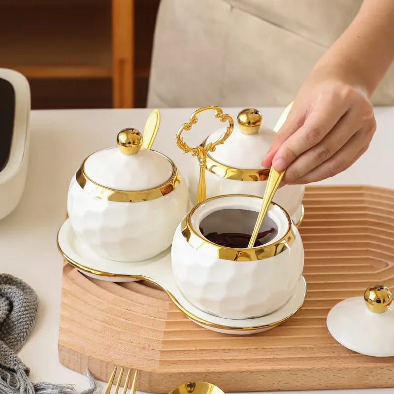 3 in 1 Ceramic Sugar Canisters with Tray Stand White