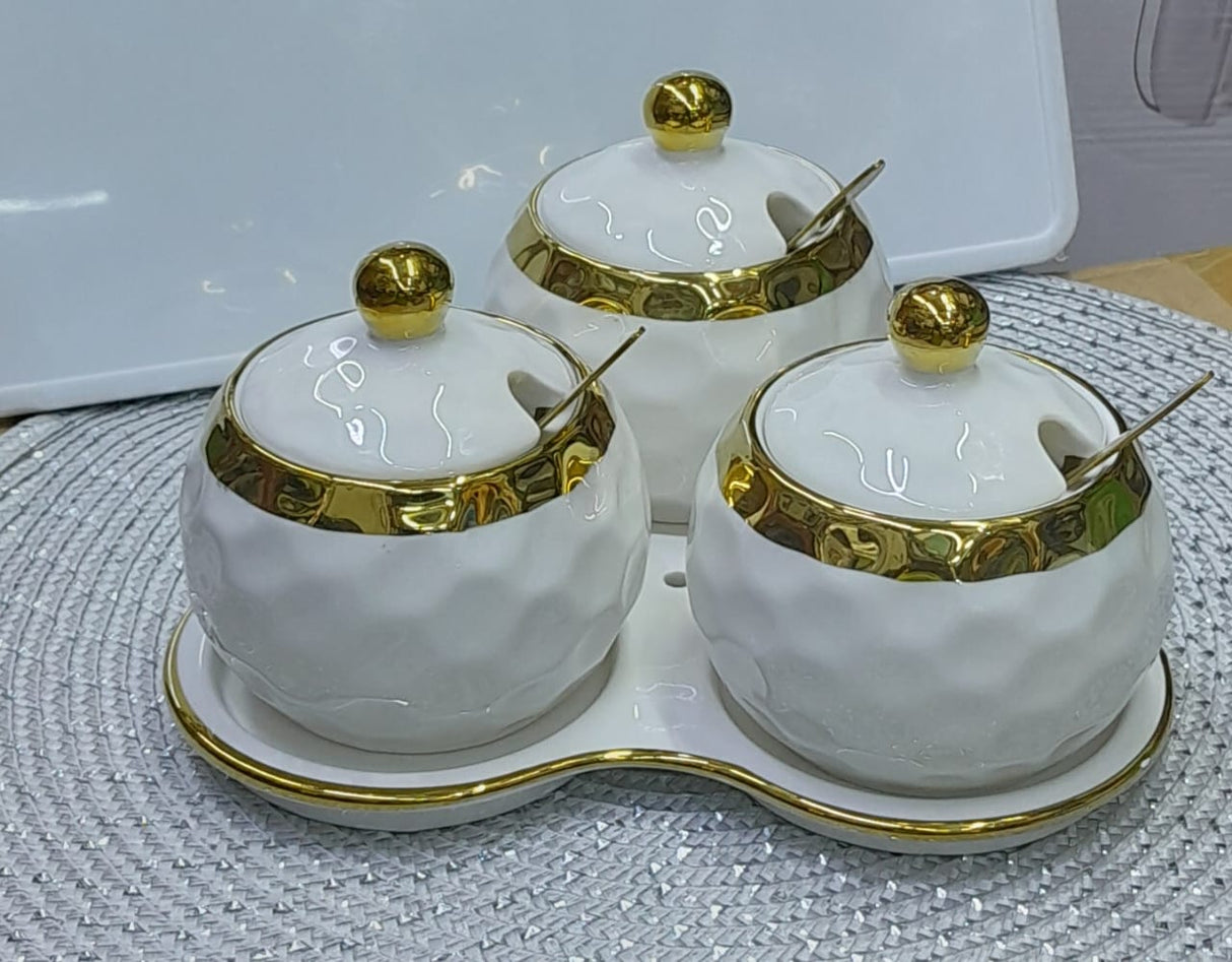 3 in 1 Ceramic Sugar Canisters with Tray Stand White