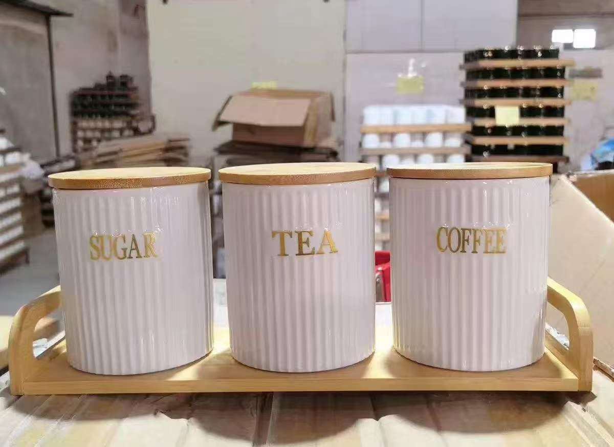 3pcs Ceramic Canisters with Bamboo Stand – 500ml Airtight Storage Jars for Kitchen Organization