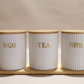 3pcs Ceramic Canisters with Bamboo Stand – 500ml Airtight Storage Jars for Kitchen Organization households Food Storage Containers