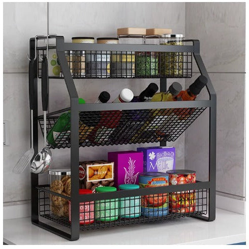 3-Tier Multifunctional Metallic Kitchen Spice Rack – Durable Carbon Steel Storage Organizer