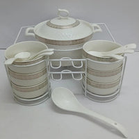 15 Piece White Ceramic Soup Set with Metallic Holder Serveware