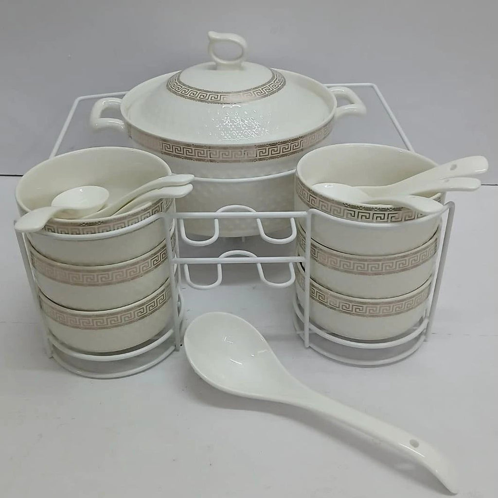15 Piece White Ceramic Soup Set with Metallic Holder Serveware
