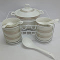 15 Piece White Ceramic Soup Set with Metallic Holder Serveware