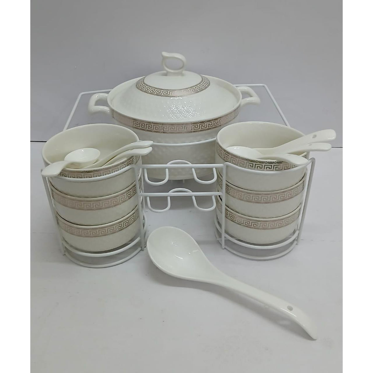 15 Piece White Ceramic Soup Set with Metallic Holder