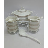 15 Piece White Ceramic Soup Set with Metallic Holder