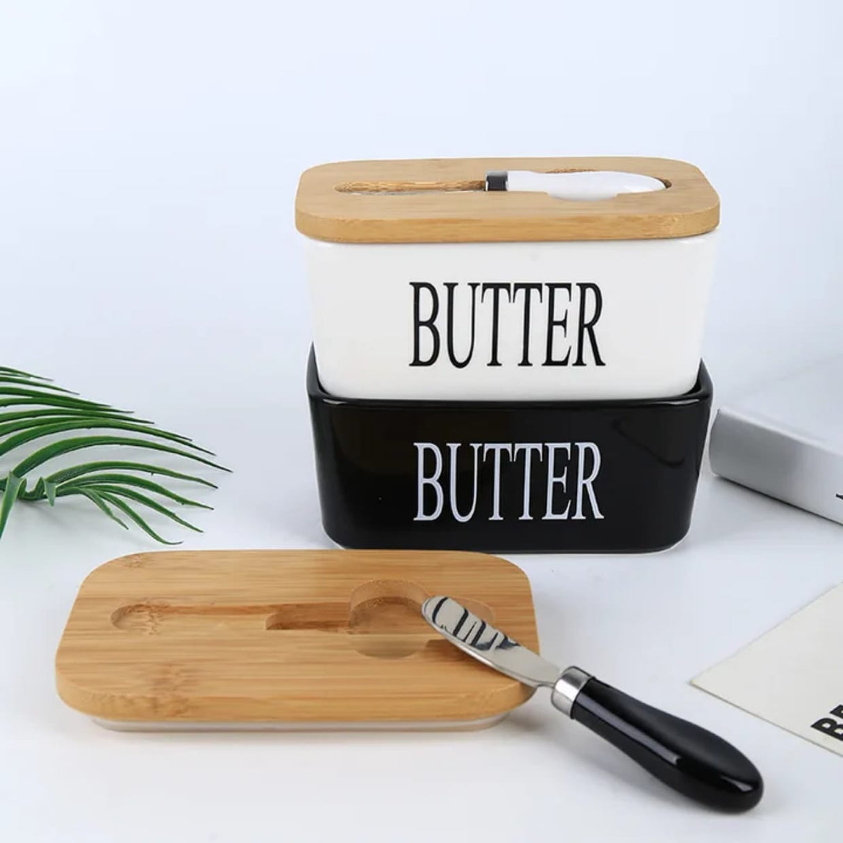 Ceramic Butter Dish with Bamboo Lid and Butter Knife - 600ml