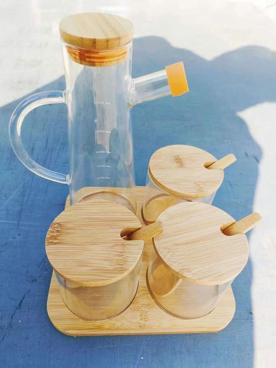 4pcs High Borosilicate Oil Jar and Canister Set with Bamboo Stand – 600ml & 250ml Kitchen Storage Organizer