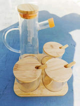 4pcs High Borosilicate Oil Jar and Canister Set with Bamboo Stand – 600ml & 250ml Kitchen Storage Organizer