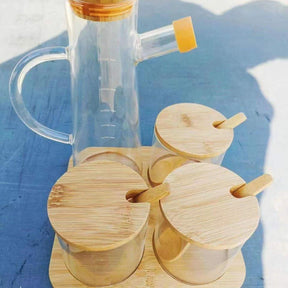 4pcs High Borosilicate Oil Jar and Canister Set with Bamboo Stand – 600ml & 250ml Kitchen Storage Organizer households Food Storage Containers